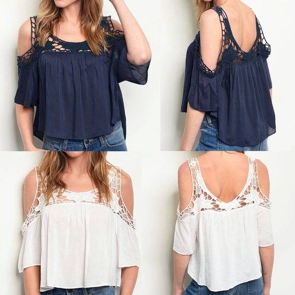 Ivory White Crochet Lace Cold Shoulder Cropped Top - Picture 7 of 8